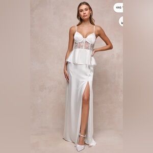 NWOT lulus Iconic Adoration White Satin Peplum Sheer Bustier Maxi Dress READ